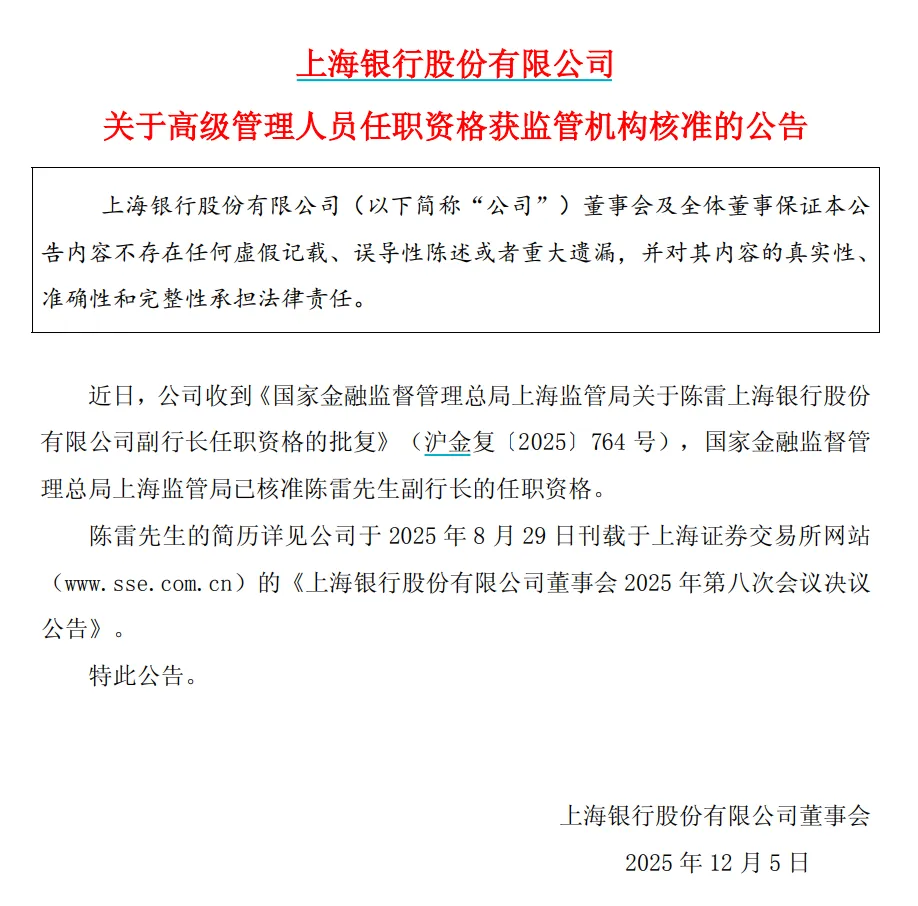 上海银行：副行长陈雷任职资格获核准