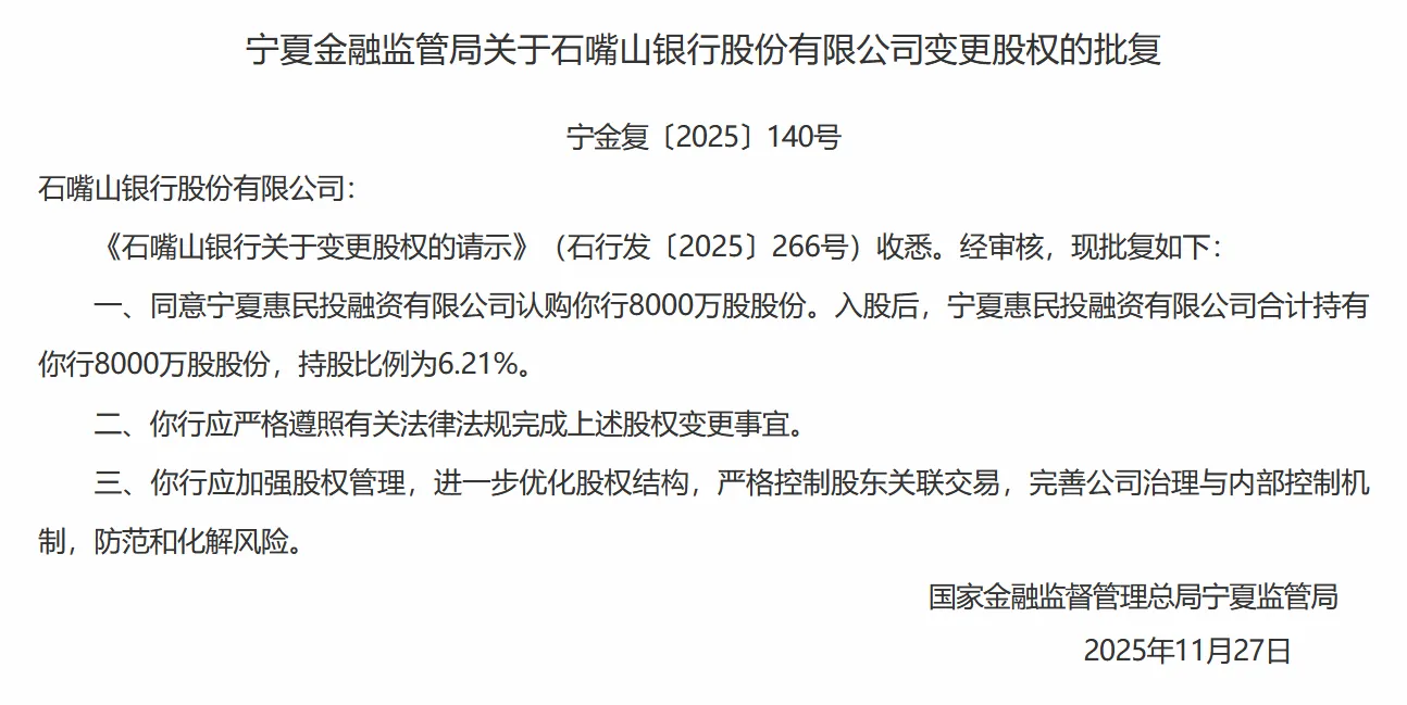 石嘴山银行股权变更获批